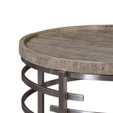 Benzara Wood Top Round Cocktail Table with Metal Base, Brown and Gray BM227587 Brown, Gray Solid Wood, Metal BM227587