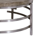 Benzara Wood Top Round Cocktail Table with Metal Base, Brown and Gray BM227587 Brown, Gray Solid Wood, Metal BM227587