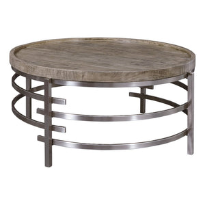 Benzara Wood Top Round Cocktail Table with Metal Base, Brown and Gray BM227587 Brown, Gray Solid Wood, Metal BM227587