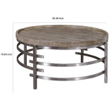 Benzara Wood Top Round Cocktail Table with Metal Base, Brown and Gray BM227587 Brown, Gray Solid Wood, Metal BM227587