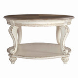 Benzara Two Tone Oval Cocktail Table with Bottom Shelf, Antique White and Brown BM227591 Brown, White Solid Wood, Veneer, Cast Resin BM227591