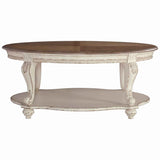 Benzara Two Tone Oval Cocktail Table with Bottom Shelf, Antique White and Brown BM227591 Brown, White Solid Wood, Veneer, Cast Resin BM227591