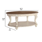 Benzara Two Tone Oval Cocktail Table with Bottom Shelf, Antique White and Brown BM227591 Brown, White Solid Wood, Veneer, Cast Resin BM227591