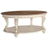 Benzara Two Tone Oval Cocktail Table with Bottom Shelf, Antique White and Brown BM227591 Brown, White Solid Wood, Veneer, Cast Resin BM227591