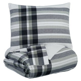 3 Piece Fabric King Comforter Set with Plaid Pattern, Black and Gray