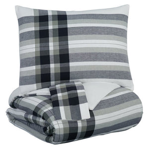 Benzara 3 Piece Fabric Queen Comforter Set with Plaid Pattern, Black and Gray BM227613 Black, Gray Fabric BM227613