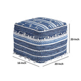 Benzara Fabric Pouf with Handwoven Tassel Design, Blue and White BM227633 Blue, White Fabric BM227633