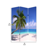 Benzara Beach Inspired Canvas Print 3 Panel Wooden Screen, Blue and Green BM228607 Blue and Green Solid Wood and Canvas BM228607