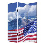 American Flag Printed Wood and Canvas 3 Panel Screen, Multicolor