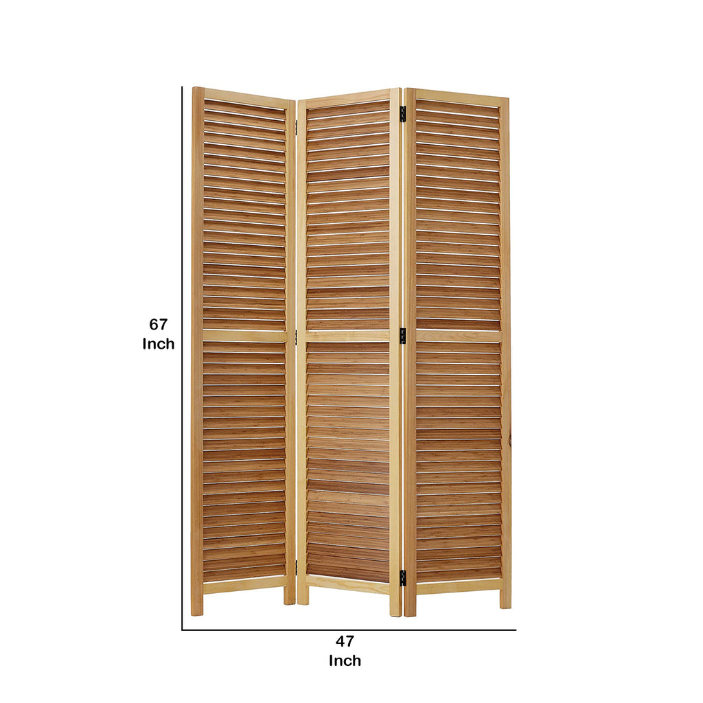 Benzara Wooden 3 Panel Shutter Screen with Bamboo Slats, Natural Brown BM228612 Brown Solid Wood BM228612