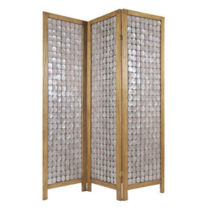 Benzara 3 Panel Wooden Screen with Pearl Motif Accent, Brown and Silver BM228613 Brown and Silver Solid Wood BM228613