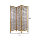 Benzara 3 Panel Wooden Screen with Pearl Motif Accent, Brown and Silver BM228613 Brown and Silver Solid Wood BM228613