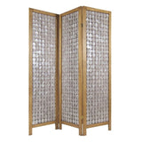 3 Panel Wooden Screen with Pearl Motif Accent, Brown and Silver