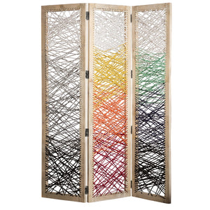 Benzara 3 Panel Wooden Screen with Woven Reinforced Yarn, Multicolor BM228614 Multicolor Solid Wood and Yarn BM228614