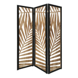 3 Panel Wooden Screen with Laser Cut Tropical Leaf Design, Brown and Black