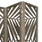 Benzara 3 Panel Wooden Screen with Laser Cut Tropical Leaf Design, Gray BM228617 Gray Solid Wood BM228617