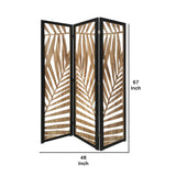 Benzara 3 Panel Wooden Screen with Laser Cut Tropical Leaf Design, Gray BM228617 Gray Solid Wood BM228617