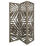 3 Panel Wooden Screen with Laser Cut Tropical Leaf Design, Gray