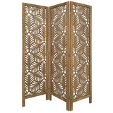 3 Panel Wooden Screen with Laser Cut Tropical Leaf Design, Brown