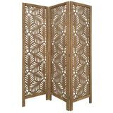 Benzara 3 Panel Wooden Screen with Laser Cut Tropical Leaf Design, Brown BM228618 Brown Solid Wood BM228618