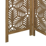 Benzara 3 Panel Wooden Screen with Laser Cut Tropical Leaf Design, Brown BM228618 Brown Solid Wood BM228618