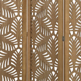 Benzara 3 Panel Wooden Screen with Laser Cut Tropical Leaf Design, Brown BM228618 Brown Solid Wood BM228618