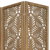 Benzara 3 Panel Wooden Screen with Laser Cut Tropical Leaf Design, Brown BM228618 Brown Solid Wood BM228618