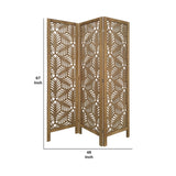 Benzara 3 Panel Wooden Screen with Laser Cut Tropical Leaf Design, Brown BM228618 Brown Solid Wood BM228618