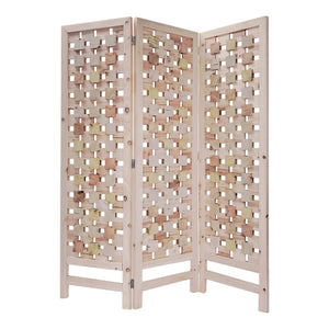 Benzara 3 Panel Wooden Screen with Interspersed Square Pattern, Cream BM228620 Cream Solid Wood BM228620