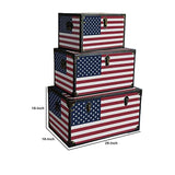 Benzara Wooden Trunks with US Flag Print and Metal Corner Accent, Set of 3, Multicolor BM228638 Multicolor Solid Wood and Canvas BM228638