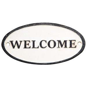 Benzara Oval Metal Frame Wall Sign with Welcome Typography, White and Black BM229313 White and Black Metal BM229313