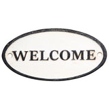 Oval Metal Frame Wall Sign with Welcome Typography, White and Black