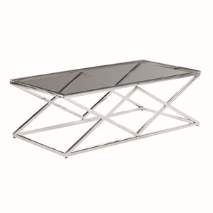 Benzara Diamond Shaped Metal Cocktail Table with Glass Top, Silver BM229487 Silver Metal and Glass BM229487