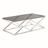 Diamond Shaped Metal Cocktail Table with Glass Top, Silver