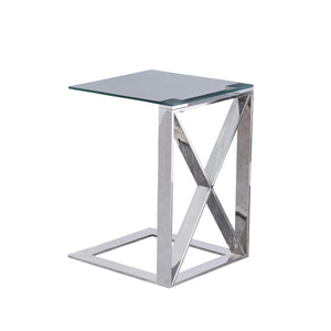 Benzara 22 Inch Metal X Frame Glass Top Side Table, Silver BM229541 Silver Metal, Glass BM229541