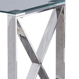 Benzara 22 Inch Metal X Frame Glass Top Side Table, Silver BM229541 Silver Metal, Glass BM229541