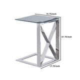 Benzara 22 Inch Metal X Frame Glass Top Side Table, Silver BM229541 Silver Metal, Glass BM229541