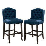 Benzara Nailhead Trim Fabric Bar Chair with Button Tufted Wingback, Set of 2, Blue BM230027 Blue Solid Wood, Veneer and Fabric BM230027