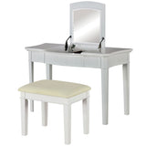 Transitional 2 Piece Wooden Vanity Table and Stool with 2 Drawers, White