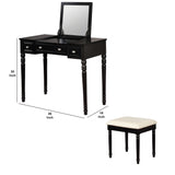 Benzara 2 Piece Vanity Set with Pull Up Mirror, Black BM230053 Black Solid Wood, Fabric BM230053