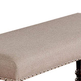 Benzara 18 inch Fabric Bench with Turned Legs, Brown and Beige BM230073 Beige, Brown Solid Wood, Fabric BM230073