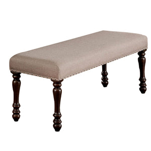 Benzara 18 inch Fabric Bench with Turned Legs, Brown and Beige BM230073 Beige, Brown Solid Wood, Fabric BM230073