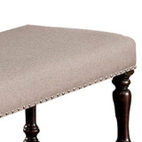 Benzara 18 inch Fabric Bench with Turned Legs, Brown and Beige BM230073 Beige, Brown Solid Wood, Fabric BM230073