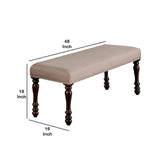 Benzara 18 inch Fabric Bench with Turned Legs, Brown and Beige BM230073 Beige, Brown Solid Wood, Fabric BM230073