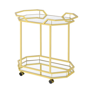 Benzara 2 Tier Geometric Metal Serving Cart with Mirror Shelves, Gold BM230295 Gold Metal and Mirror BM230295