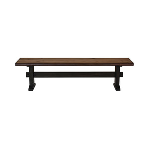 Benzara Farmhouse Dual Tone Wooden Bench with Trestle Base, Brown BM230301 Brown Solid Wood and Veneer BM230301