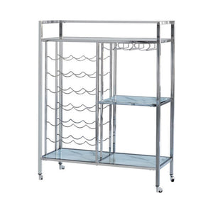 Benzara Metal Serving Cart with Wine and Stemware Rack, Silver BM230344 Silver Metal, Glass BM230344