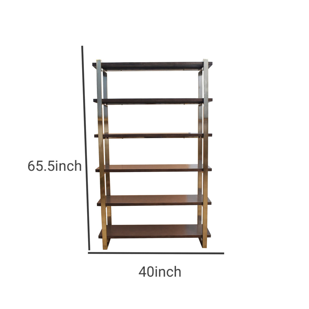Benzara Metal Frame Bookcase with 6 Tier Wooden Shelves, Brass BM230360 Brass Solid Wood and Metal BM230360