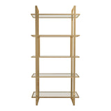 Benzara Metal Frame Bookcase with 5 Tiered Display Glass Shelves, Gold and Clear BM230361 Gold and Clear Metal and Glass BM230361