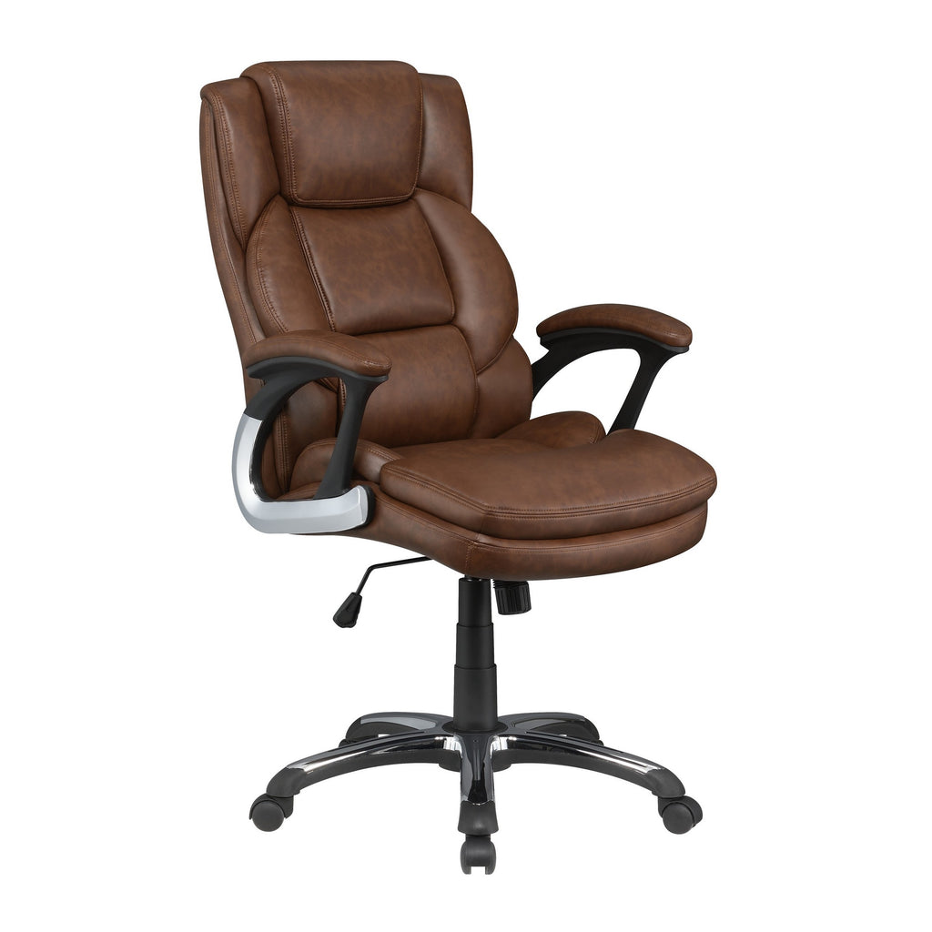 Benzara Leatherette Office Chair with Cushioned Back and Metal Star Base, Brown BM230362 Brown Metal and Leatherette BM230362